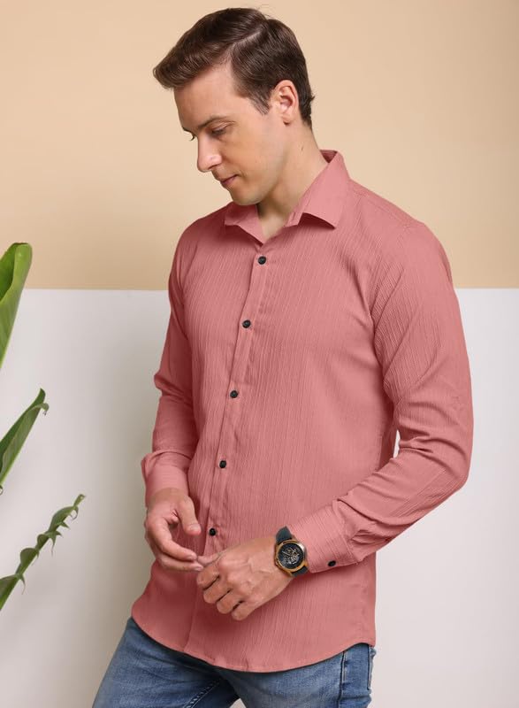 Image of Macsivo Men's Popcorn Shirt with Spread Collared Long Sleeve Button Down Closure Curved Hem Length | Linen Shirt for Man