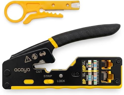 Acaya Professional Compact Ethernet Crimping Tool - Compatible with EZ Pass-Through and Standard RJ45, RJ11/RJ12 connectors for Cat6/Cat5e/Cat5 - Includes Wire Stripper