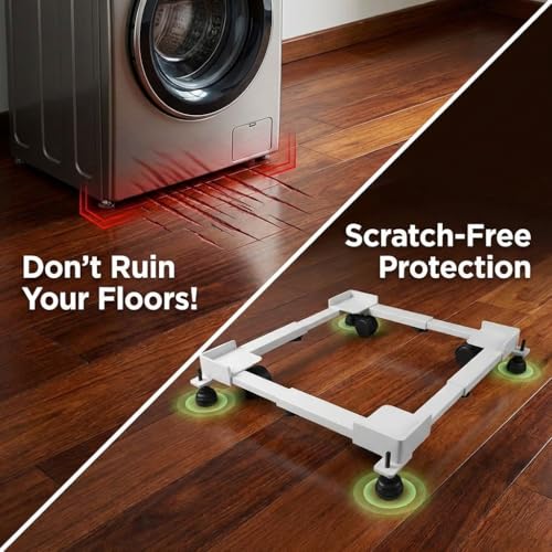 Image of Hipkoo Washing Machine Trolley for Fully and Semi Automatic, Front or Top Load, Fridge and Dishwasher Stand, Adjustable Metal and Wheels, Capacity 170Kg, White (Min:16.5 inchx19.5 inch, Max: 25.5 inchx32 inch)
