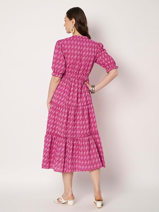 Image of PIDAVLIYA'S Women's Floral Summer Maxi Dress I Cotton Printed I One Piece Bodycon Midi Dress with V-Neck, Puffed Sleeves