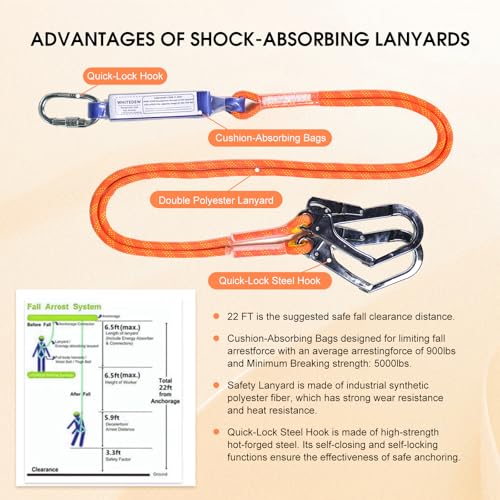 WHITEDEW Fall Protection Premium Safety Harness with Shock Absorbing Lanyard, Vented & Padded Shoulder, Legs & Back - Upgrade 4 Quick Buckles (Orange)
