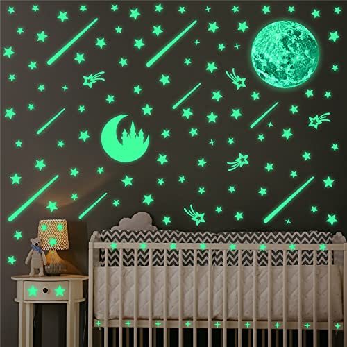 Glow in The Dark Stars for Ceiling, Glow in The Dark Stickers Including The Glow Stars, Full Moon, Crescent Moon, Meteors, Glow in The Dark Wall Decals Perfect for Kids Room Decor (Green 311PCS)