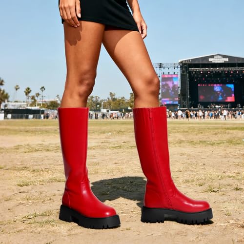 DREAM PAIRS Knee High Boots, Comfortable Chunky Platform Round-Toe Side Zip Boots for Women,Size 7.5,Red,SDKB2301W