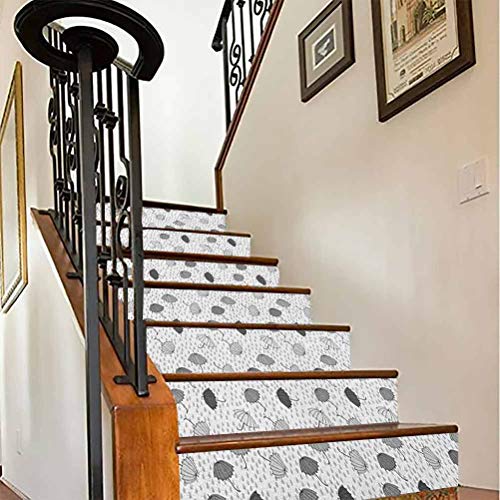 3D Self-Adhesive Stairs Risers Stickers, Abstract Umbrellas Pattern in Rain Greyscale Illustration o, for Stair Riser Decals Home Decor, W39.3 x H7.08 Inch x6PCS
