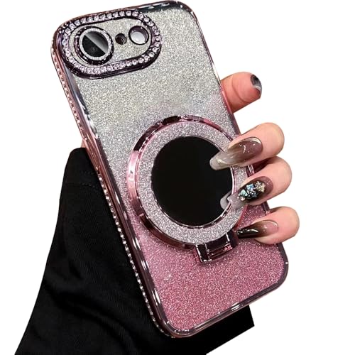 LUNBER-ARMOR・iPhone互換品 16e ケース カメラ保護あり カバー ラインストーン メッキ TPU ソフトケース ミラー付き 分離型スマホリング付き スタンド機能 きらきら かわいい 可愛い お洒落 グリッター エレガント アップル アイ