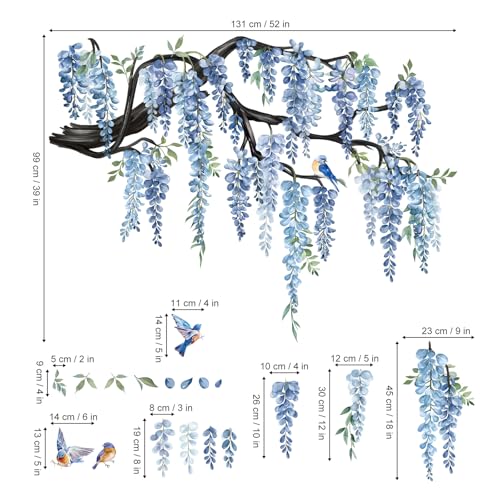 decalmile Large Flower Tree Branch Wall Decals Blue Hanging Vine Floral Wall Stickers Bedroom Living Room Sofa TV Background Wall Decor - Image 4