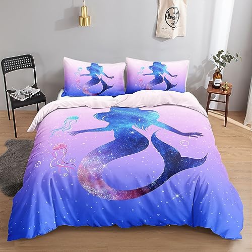 HOSIMA Mermaid Duvet Cover for Kids Boys Girls 3-Piece Luxurious Soft Microfiber Blue Glitter Mermaid Bedding Set including Zipper