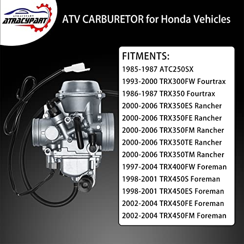 Carburetor For 1993-2000 Honda Trx300Fw Fourtrax 300, 1986-1987 Trx350 Fourtrax, 1997-2004 Foreman 400 Trx400Fw, 98-04 Foreman Trx450Fe/Fm/S/Es, 00-06 Rancher 350 Trx350 With Heater Plug #TOP2