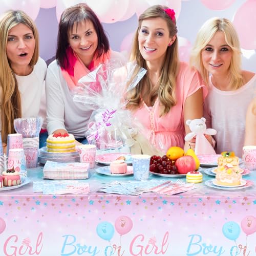 Image of Funnymoom 452 Pcs Gender Reveal Party Supplies for 50 Guests, Pink and Blue Gender Reveal Paper Plates Napkins Cups Tablecloth Cutlery Straws Disposable Tableware for Baby Shower Party Decoration
