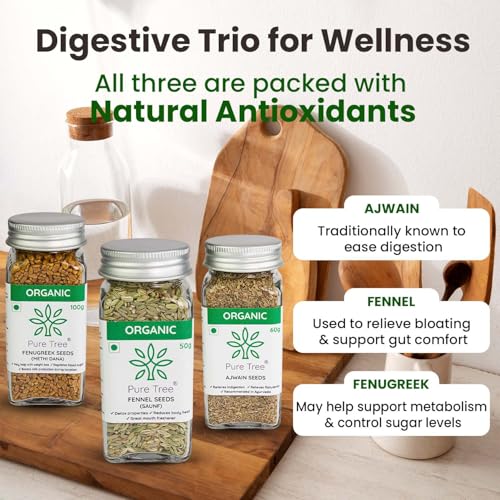 Image of Pure Tree Certified Organic Ajwain 60g, Methi Seeds 100g, Saunf 50g | Glass Jar | Carom, Fenugreek & Fennel | Whole Seeds Vaamu, Methi dana, Variyali Spice Combo Pack