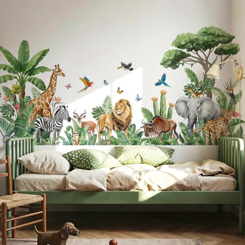 wondever Stickers Muraux Animaux de la Jungle Arbre (175 * 82cm) Autocollants Muraux Mural Stickers Savane Girafe Lion Éléphant Feuilles Tropicales pour...