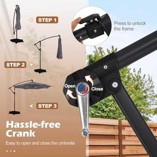 Tangkula 10ft Solar Patio Umbrella with Base Included, Offset Cantilever Outdoor Umbrella with 32 LED Lights, 360 Degree Rotation, Crank Handle for Pool Deck Garden Backyard (Gray) — view 7