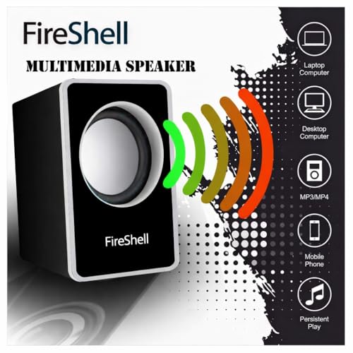 Image of Fireshell USB Powered Computer Speakers 6W Stereo Sound with Multicolor LED Lights, AUX Input & Volume Control Pod for PC, Laptop & Desktop (Black)