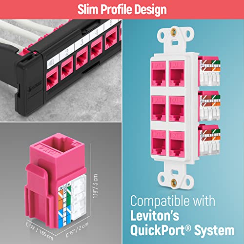 Image of Everest 90 Degree RJ45 Cat6 Keystone Jacks Slim Profile 50-Pack Pink | Compatible with 90 Angled Speed Termination Tool - easyJACK (B094WB91H3)