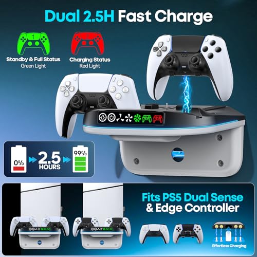 Image of P S5 Wall Mount Kit with Cooling Fan and Charging Station Compatible with PS5 / Slim / Pro Disc and Digital, PS Five Floating Shelf with 9 RGB Lights, PS 5 Mount Behind TV, P5 Accessories for Gaming, Black and White