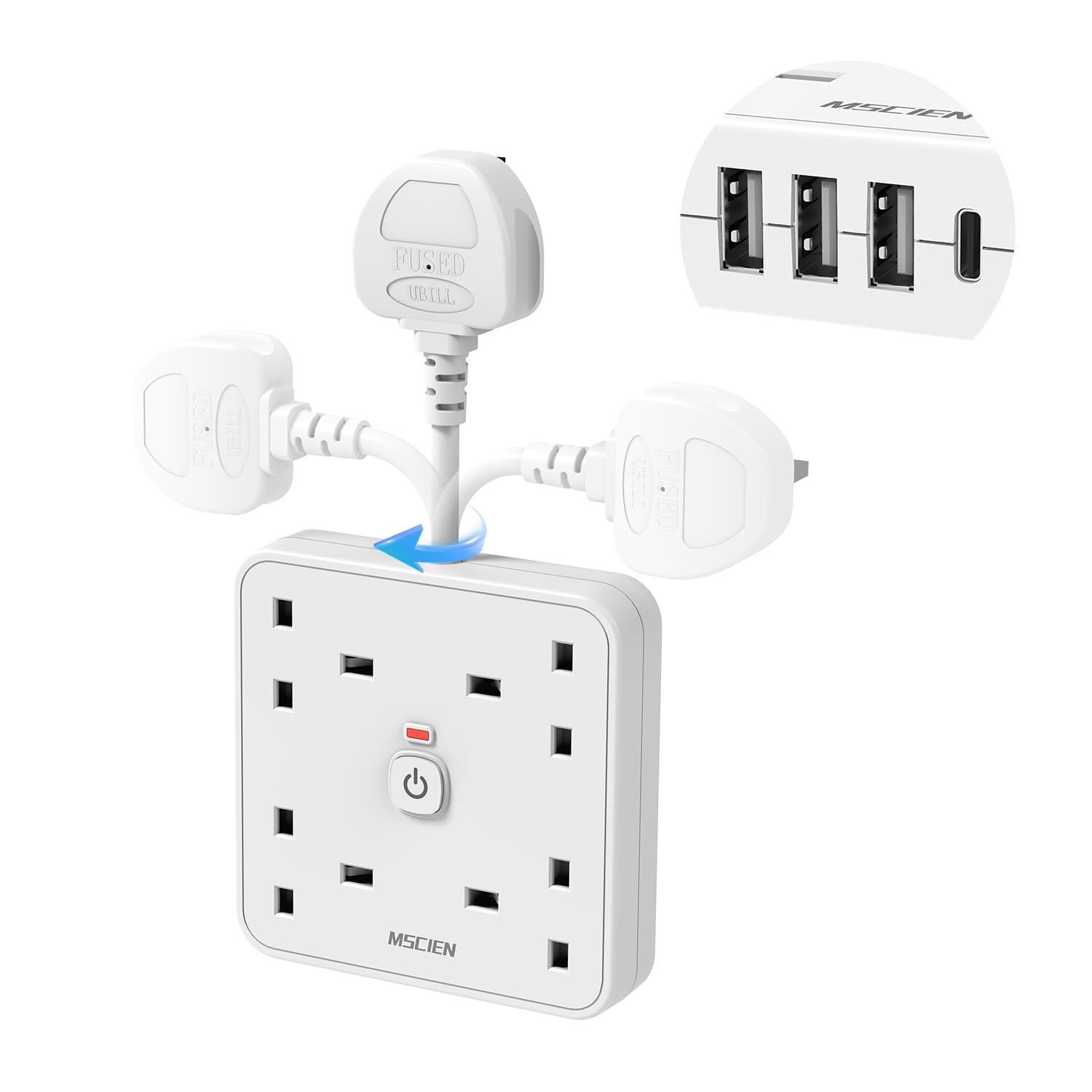 Mscien 4 Gang Extension Lead with 4 USB Slots (1 Type-C and 3 USB-A), 5CM Plug Extension with USB Ports, Short Cord Power Strip with LED Indicator Switch, White for Home Office Dorm