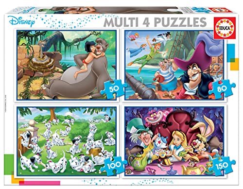 Educa - Disney Aladdin, el Libro de la Selva, Alicia, Peter Pan Conjunto de Puzzles Progresivos,...