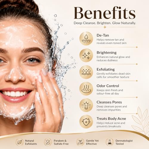 Image of Kojic Acid & Pomegranate Exfoliating De-Tan Soap (Pack of 2 x 75g) | Detan Bar for Tan Removal with Alpha Arbutin, Niacinamide & Glycolic Acid | Brightening, Deep Cleansing & Odor Control | Paraben & Sulfate Free Kojic Acid Cleanser