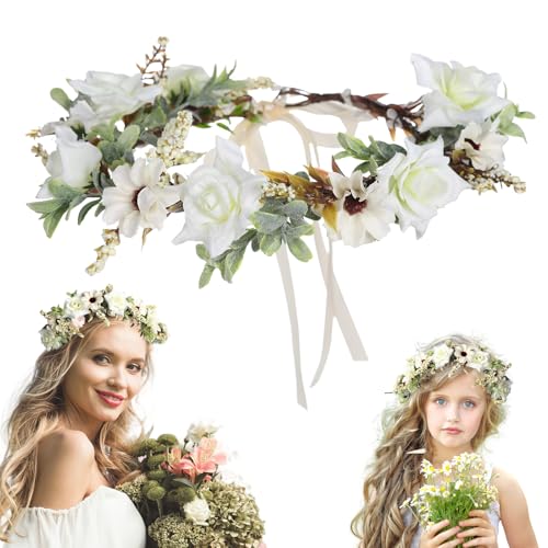 Calkrer Serre-tête avec feuilles et fleurs - Fait à la main - Bandeau de fleurs réglable pour mariée, mariage, festival, fête, couronne de fleurs