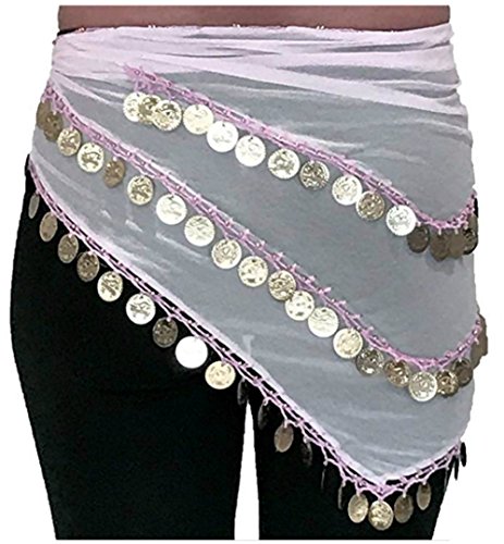 ADULTO TAMAÑO 8-18 HERMOSA Triángulo Jingly Shimmy Belly Dancing Coin Hip Cinturones Bufandas (Baby Pink Silver)