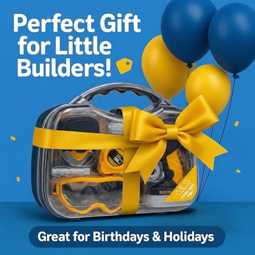 Kids Tool Set with Carrying Case, Electronic Toy Drill with Bits & Construction Vest &ndash; Pretend Play Kit with Safety Googles, Gas Shield, Tape Measure, Saw, Bubble Level, Screwdriver, Nuts & Bolts