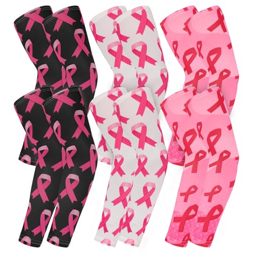 Breast Cancer Awareness Arm Sleeves - Pink Ribbon Football Arm Covers Sun UV Protection Accessories for Women Men Youth Outdoor Sports Volleyball Baseball - 6 Pairs