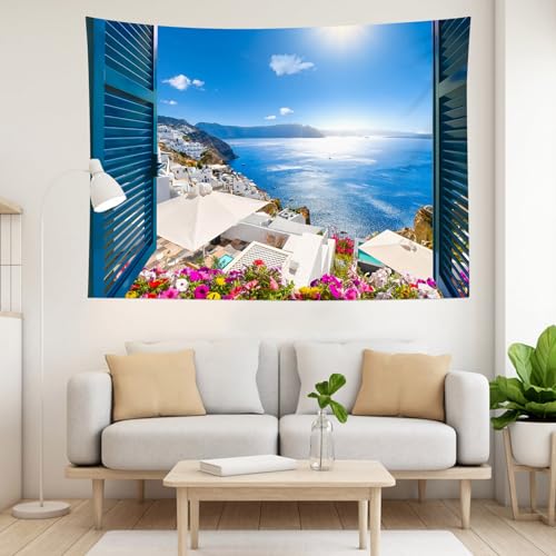 LB Blue Coastal Tapestry Wall Hanging, Greek Island Landscape Wall Tapestry, Colorful Flower Nautical Living Room Decor - Image 3