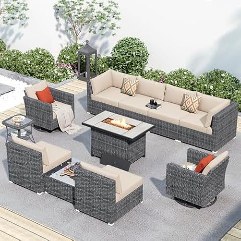 HOOOWOOO 11 Piece Patio Sectional Furniture Set with Fire Pit Table,Modern Wicker Outdoor Conversation Sofa Sets,Weather Resistant Modular L Shaped Outside Couch Swivel Chair Set(Beige) Cover