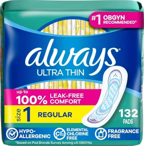 Always Ultra Thin Feminine Pads Without Wings for Women, Size 1, Regular Absorbency, Unscented, Up to 100% Leak-Free Protection, 44 Count x 3, 132 Count Total
