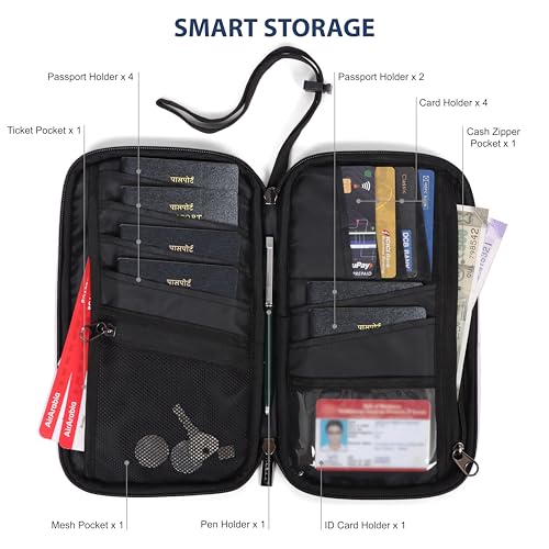 Image of NABAAT Passport Cover Men & Women, Passport Holder for Family Up to 6 Passports, Passport Wallet Pouch Travel Organizer for Documents SIM Cash Card Mobile with Wrist Strap, Black (PH1)
