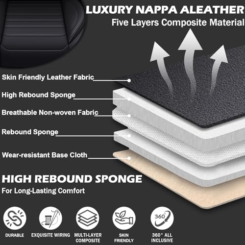 Image of Car Seat Cover Full Set for Toyota Camry Hybrid Seat Covers 2007-2024, Nappa Leather Waterproof Seat Covers For Cars, Airbag Compatible, Universal Automotive Seat Covers(Standard Full Set /Black)
