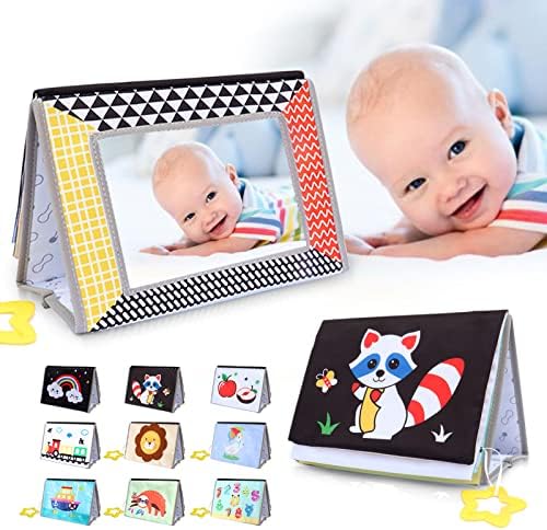 Baby Toys for 0-6 Months - Tummy Time Mirror Toys with High Contrast Soft Book, Fun Infant Toys for Babies 0-3-6 12 Months Brain Development, Beautiful Montessori Toys for Newborn as Boy/Girl Gifts