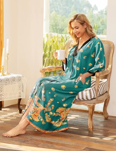 Image of Bloggerlove House Dresses for Women Zip Up Robes Soft Cotton Nightgown Half Sleeve House Coat Long Night Gowns Sleepwear