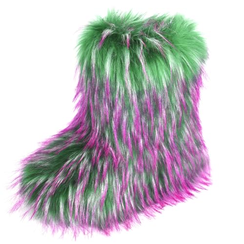 Image of Fashion Fur Boots,Flat Heel Comfy Plush Warm Snow Booties,2025 Winter Outdoors Furry Boots,Mid-Calf Faux fur Boot for Women.