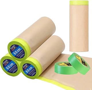 Wonninek Paint Masking Paper, Unfold 24'' x 50 ft Pre-Taped Tape and Drape, Adhesive Protective Painters Paper for Car, Furniture & Floor(4 Rolls Covering Paper and 2 Rolls Tape)