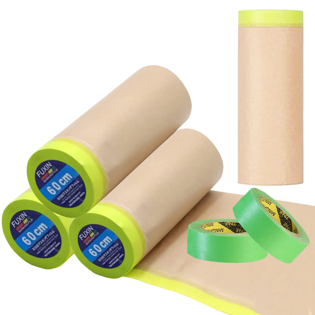 4Rolls Masking Paper Rolls 60cm x 15m Kraft Dust Sheet Rolls with Self-adhesive Tape, Dust-proof Drop Pre-Taped Masking Paper for Painting Decorating Covering