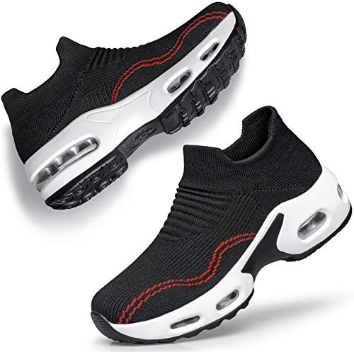 Doussprt Womens Walking Shoes Slip On Sock Sneakers Lady Girls Nurse Mesh Air Cushion Platform Loafers Fashion Casual Size 11 Black&White #TOP15