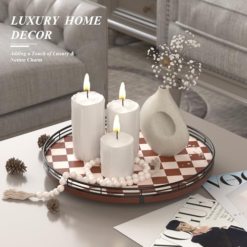 Image of Brown Checkered Lazy Susan Tray, 13 Inch Large Rotating Serving Tray with Black Metal Rail, Round Wood Turntable for Dining Table Centerpiece, Coffee Table Decor and Entertaining