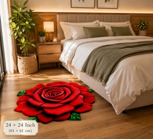 Image of 3D Rose & Floral Door Mat | Water Absorbent, Anti-Skid, Machine Washable Floor Mat | Soft Microfiber Carpet for Home, Living Room & Bedroom | Premium Decorative Mat (Red Rose with Leaf, Rose)