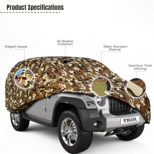 Image of Pivalo Car Body Cover for Mahindra Thar All Model & Years (2010-2025) 100% Waterproof with Mirror & Antenna Pocket Triple Stitched Dustproof Heat Resistant UV Protection (Military /Jungle /Camouflage)