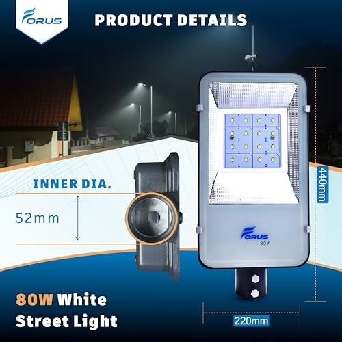Image of Forus LED Street Light 80W Waterproof IP66 Outdoor White Lamp for Home Garden Parking Lot Road Pathway Highway Warehouse Factory Yard Driveway Pole Mounted LED Streetlight 5 Years Warranty 1Pc