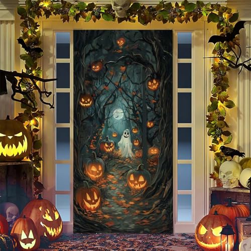 Hiseng Decorazioni Copertura di Halloween, Porta di Halloween Copriporta Banner di Copertura per Front Door Esterni Muro Finestra Feste di Vigilia di Halloween (Foresta,90x200cm)