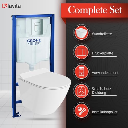 Lavita Voorwandelement Solido + wandhangtoilet Sogo Slim wit spoelrandloos + wc-bril met softclosemechanisme, verchroomde knop, complete set, inbouwspoelbak, toilet, complete set toilet - Afbeelding 3