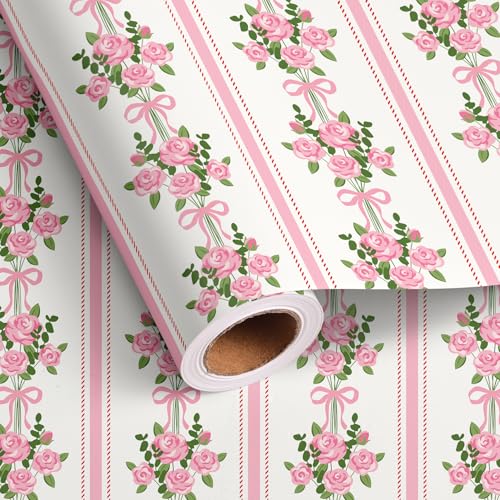 Dlyrroba Wedding Wrapping Paper Roll - Pink Rose Bow Striped Floral Design Gift Wrap for Wedding Girls Valentines Mothers day - 17in X 16.5ft