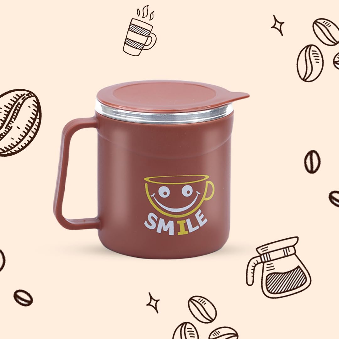 ATTRO Plastic Happy Mug Comes with Double Wall Inner Stainless Still & Lid Stylish Cup Ideal for Hot Coffee, Tea-Red, 300 ml