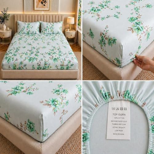 Image of Castiqa Elastic Fitted Supersoft Premium Brushed Cotton 200TC King Size Bedsheets with 2 Pillow Covers (Fits Upto Mattress of 10 Inches) (King (72x78), Onion Floral)