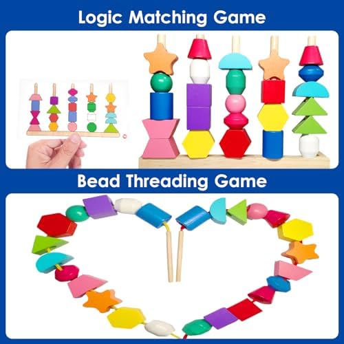 Montessori Wooden Beads Sequencing Toy Set, Sorting Stacking Blocks & Lacing Beads & Shape Matching Stacker for 2 3 4 5 Years Kids Preschool Learning Fine Motor Skills Toys Gifts for Toddler Boy Girl - 3
