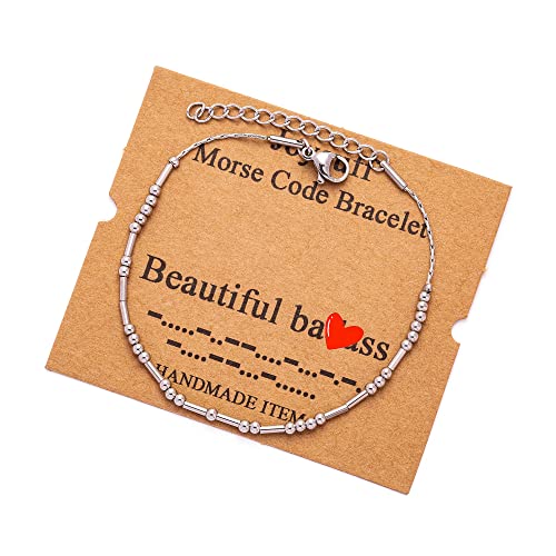 Image of JoycuFF Inspirational Morse Code Bracelets for Women Silver Beads Jewelry Encouragement Mantra Gifts for Her
