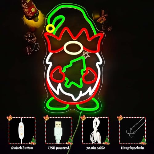 Image of Christmas Neon Signs for Wall Decor Christmas Gnome Neon Sign Dimmable LED Signs for Bedroom Wall Party Xmas Decor Present Gnome Decor