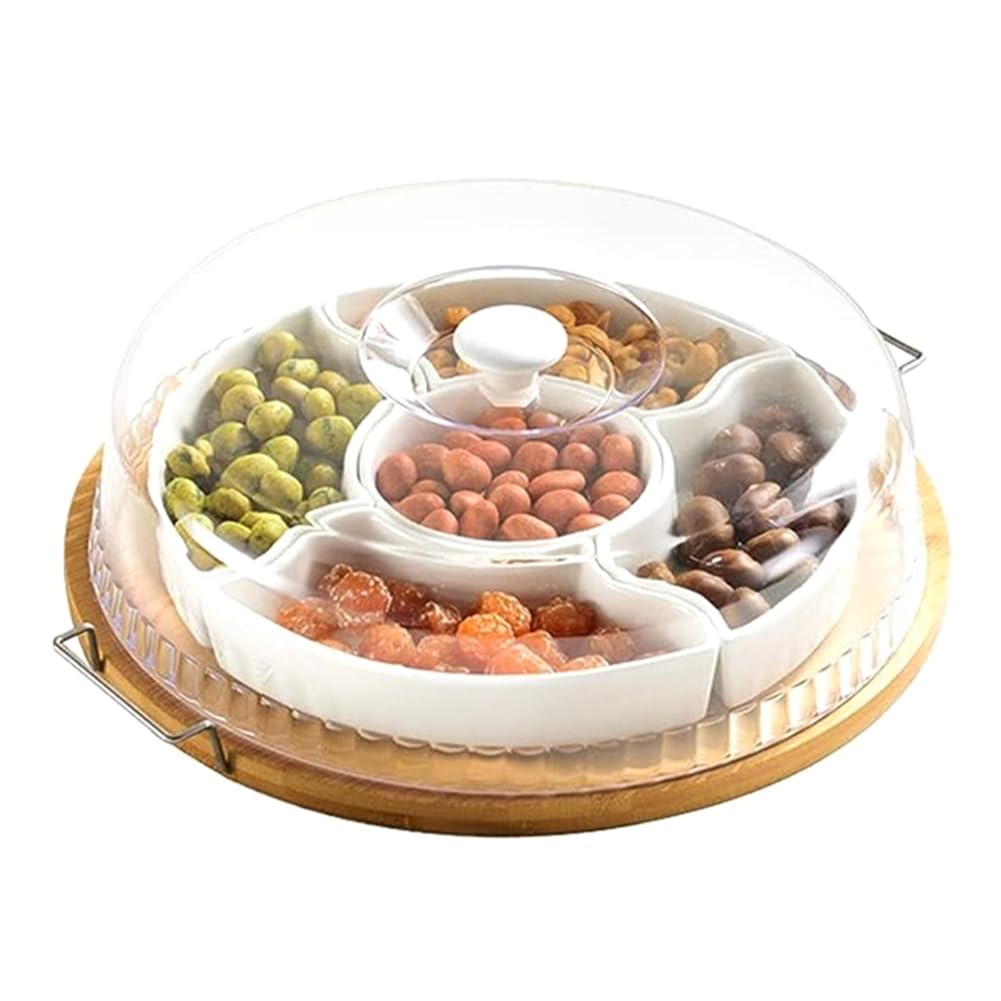 Plateau de Service Divisé en Céramique avec Couvercle Transparent, Plateau D'Apéritif en Bambou avec Poignées 5 à Collations Amovibles 28,5 X 5 cm